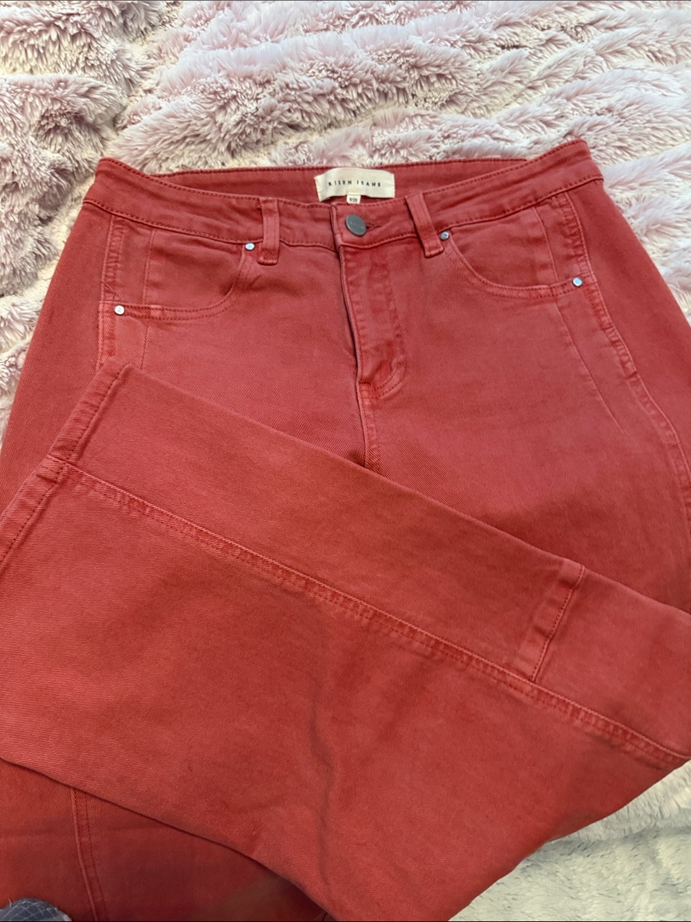 High-Rise Slim Jeans in Washed Brick Red